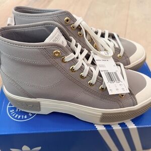 Adidas Gray Canvas High-Tops with Gold Eyelets